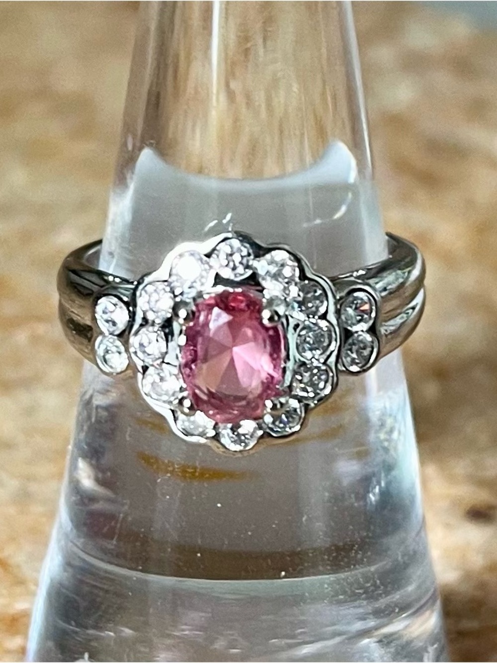 BP RETRO Pink Oval Halo Ring with White Topaz Accents on Rhodium
